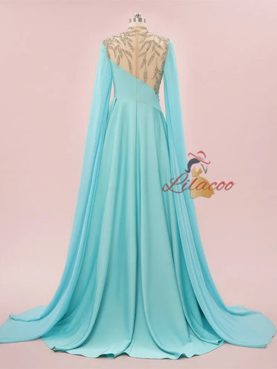 Blue High Neck Chiffon Beading Prom Dress