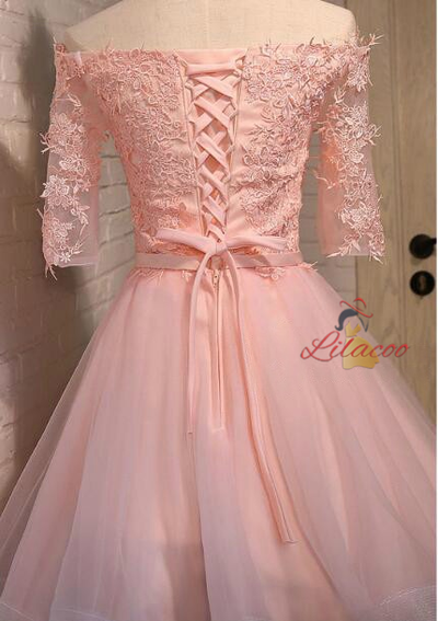 Pink Tulle Lace Short Sleeve Homecoming Dress