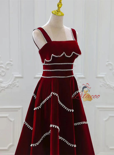 Burgundy Velvet Straps Prom Dress