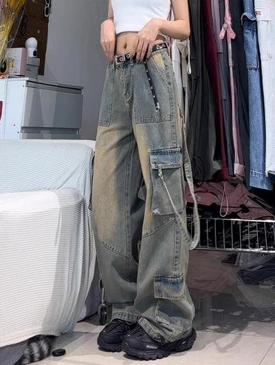 Retro Multi-pocket Jeans Wide-leg Pants