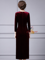 Burgundy Velvet Pleats Beading Mother Of the Brides Dress