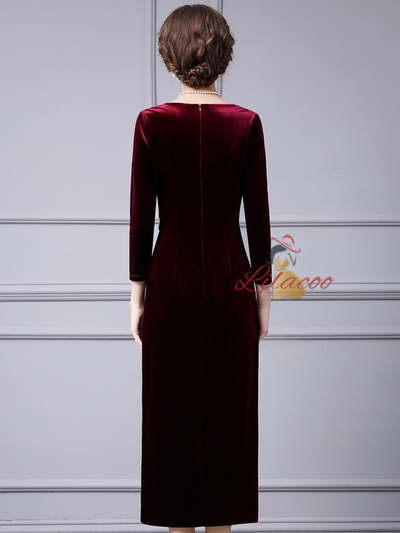 Burgundy Velvet Pleats Beading Mother Of the Brides Dress