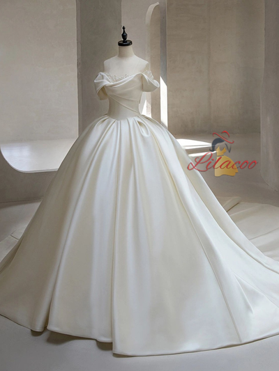 White Satin Off the Shoulder Wedding