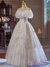 Vintage White Lace Tiers Off the Shoulder Wedding Dress