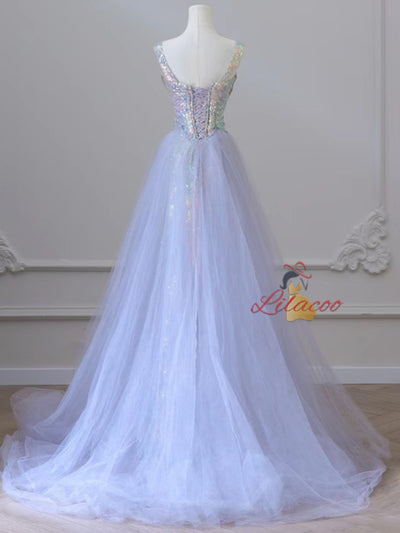 Purple Mermaid Sequins Tulle Prom Dress