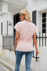 Solid Color V-neck Button Short Sleeve Shirt