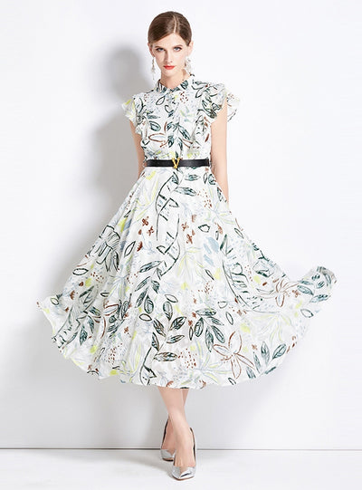 Green Printed Dress With Belt