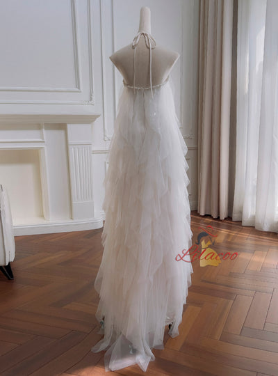 White Tulle Halter Backless Beading Prom Dress