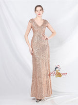 V-neck Sequins Cap Sleeve Beading Prom Dress