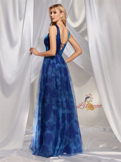 V-neck Print Stitching Rhinestone Split Dress