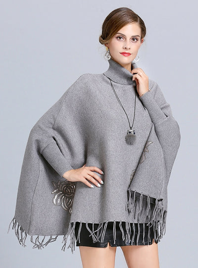 Loose High-necked Fringed Bat Sleeve Cloak Shawl