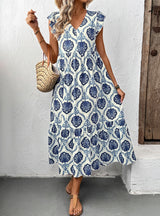 Loose Deep V-neck Printed Long Dress