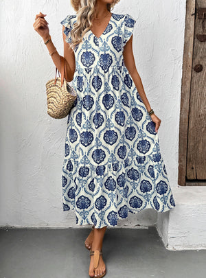 Loose Deep V-neck Printed Long Dress