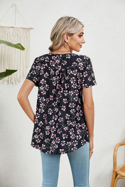 Printed Short-sleeved Pleated Buttons T-shirt