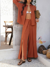 Casual Solid Color Shirt Wide-leg Trousers Suit