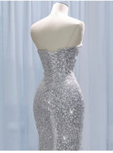 Silver Mermaid Sequins Prom Dress With Shawl
