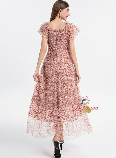 Off the Shoulder Puff Sleeve Leopard Print Gauze Dress