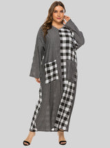V-neck Plaid Stitching Pocket Loose Long Sleeve Dress