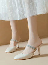 Square-headed Rhinestone Thin Heel Sandals