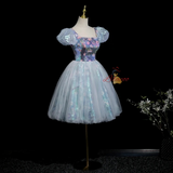 Blue Tulle Sequins Puff Sleeve Homecoming Dress
