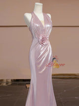 Pink Mermaid V-neck Pleats Flower Prom Dress