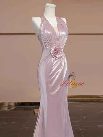 Pink Mermaid V-neck Pleats Flower Prom Dress