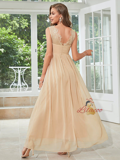 Apricot Chiffon V-neck Lace Party Dress