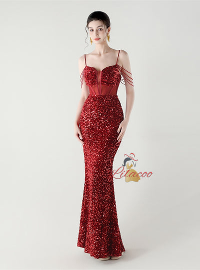 Mermadi Sequins Spaghetti Straps Beading Prom Dress