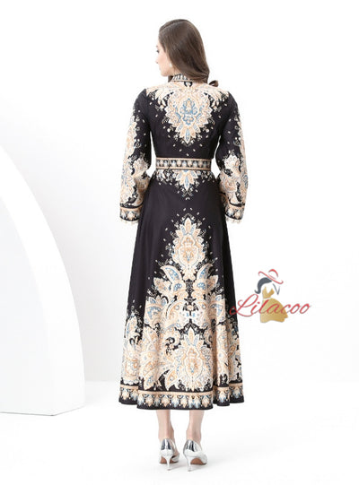 Retro Printed Long-sleeved Dress