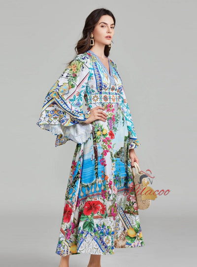 Retro Palace Printed V-neck Flared Sleeve Dress
