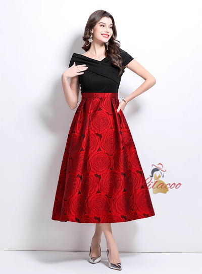 Off the Shoulder Stitching Jacquard Dress