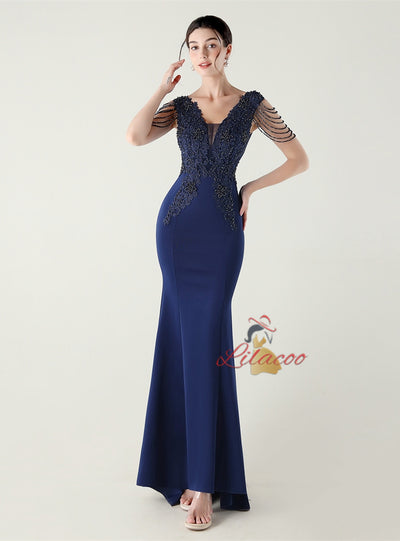 Mermaid V-neck Appliques Beading Prom Dress