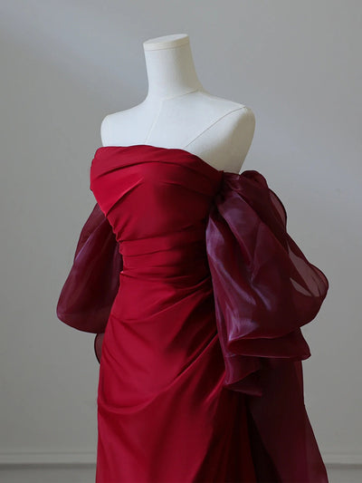 Burgundy Strapless Pleats Prom Dress