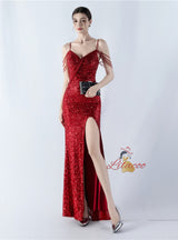 Sequins Straps Beading Split Prom Dress
