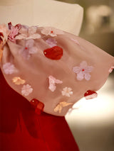Burgundy Satin Colorful Flower Prom Dress