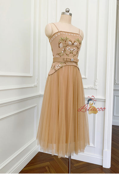Khaki Tulle Embroidery Straps Prom Dress