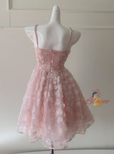 Pink Straps Flower Beading Prom Dress