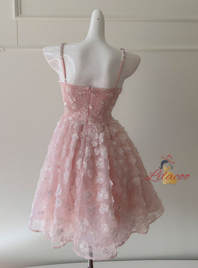 Pink Straps Flower Beading Prom Dress