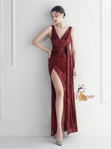 V-neck Sequins Pleats Split Prom Dress