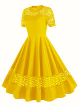Round Neck Short Sleeve Lace Stitching Retro Dress