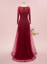 Burgundy Tulle Long Sleeve Beading Sequins Prom Dress
