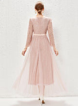 Long Sleeve Lace Pleated Gauze Dress