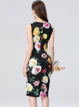 Round Neck Printed Slit Slim Dress