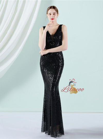 V-neck Mermaid Sequins Sleeveless Prom Dress