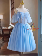 Blue Tulle Lace Pleats Homecoming Dress