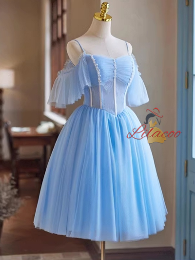 Blue Tulle Lace Pleats Homecoming Dress