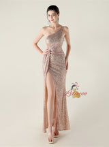 One Shoulder Mermaid Split Sequins Prom Dress