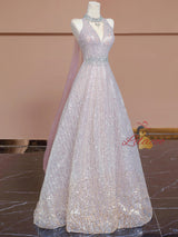 Pink Sequins Halter Beading Crystal Prom Dress