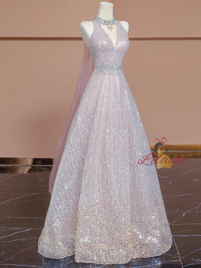 Pink Sequins Halter Beading Crystal Prom Dress
