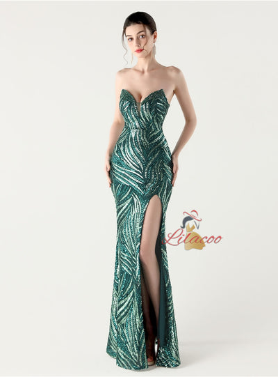 Mermaid Sequins Strapless Beading Split Prom Dress